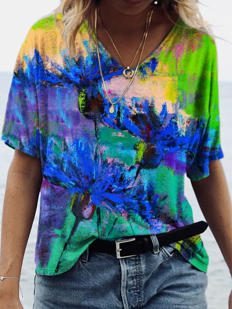 Comstylish FlowersOil Painting V Neck T Shirt