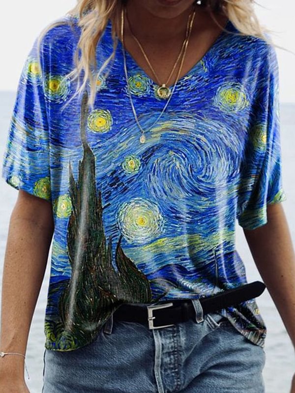 Vefave Van Gogh Starry Sky Printed V-Neck Tee