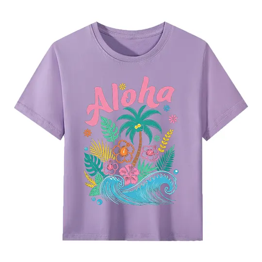 【2Y-13Y】Kids' “Aloha” Fresh Tropical & Hawaiian Style Cartoon Print T-Shirt