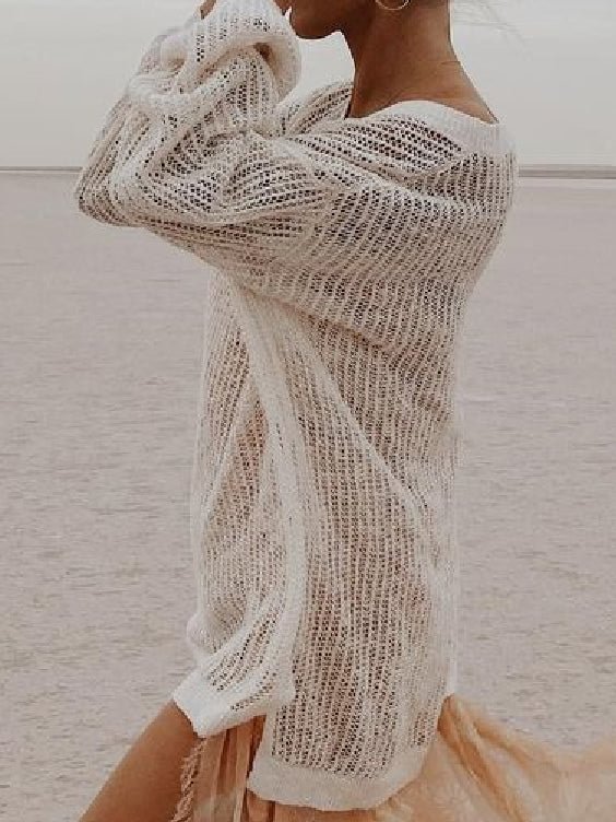 Knit Lace Long Sleeve Loose Solid Color Cover Up - Chicaggo