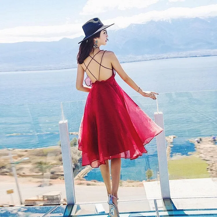 Cute Red Backless Chiffon Short Fashion Dress, Red Summer Dress