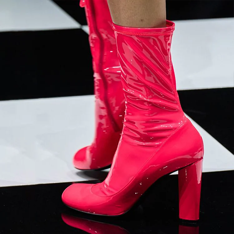 Hot Pink Patent Leather Square Toe Mid-Calf Boots with Chunky Heels |FSJ Shoes