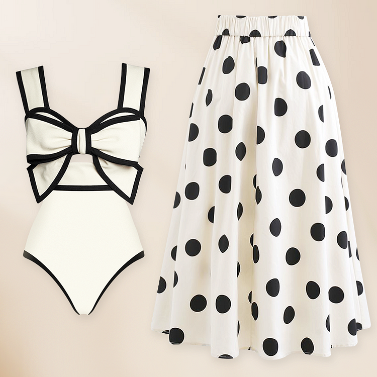Bow Front Cutout Black and White One Piece Swimsuit and Skirt Flaxmaker