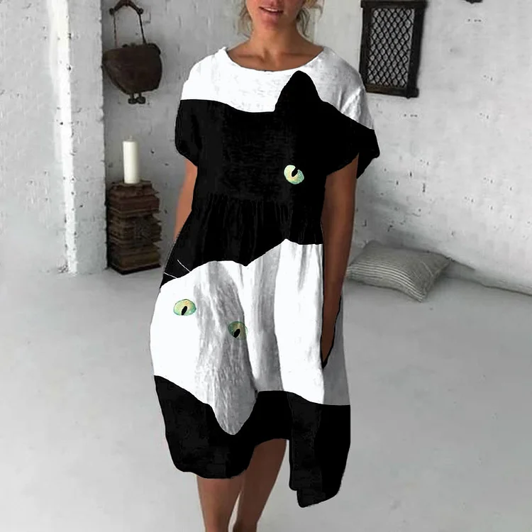 Vefave Colorblock Cat Print Midi Dress