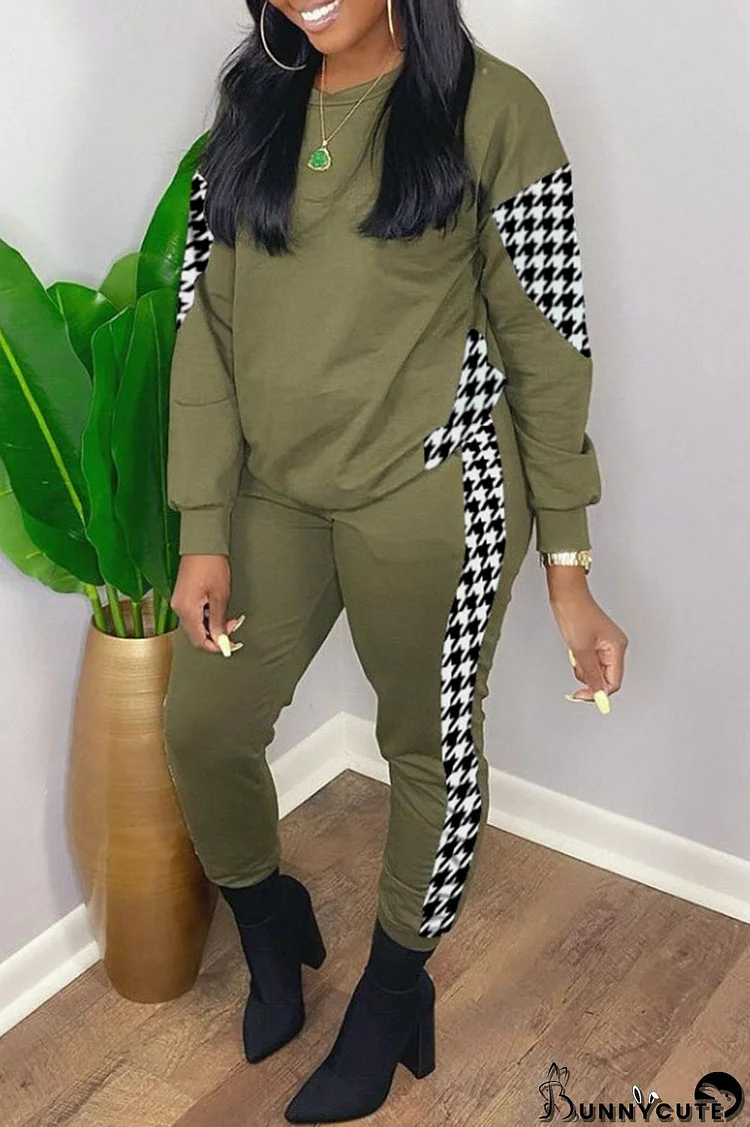 Army Green Casual Print Patchwork O Neck Long Sleeve Two Pieces