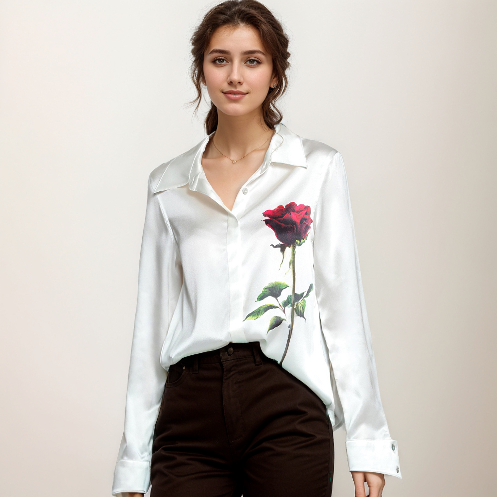 Silk Shirt Rose Print Fashion Long Sleeves REAL SILK LIFE