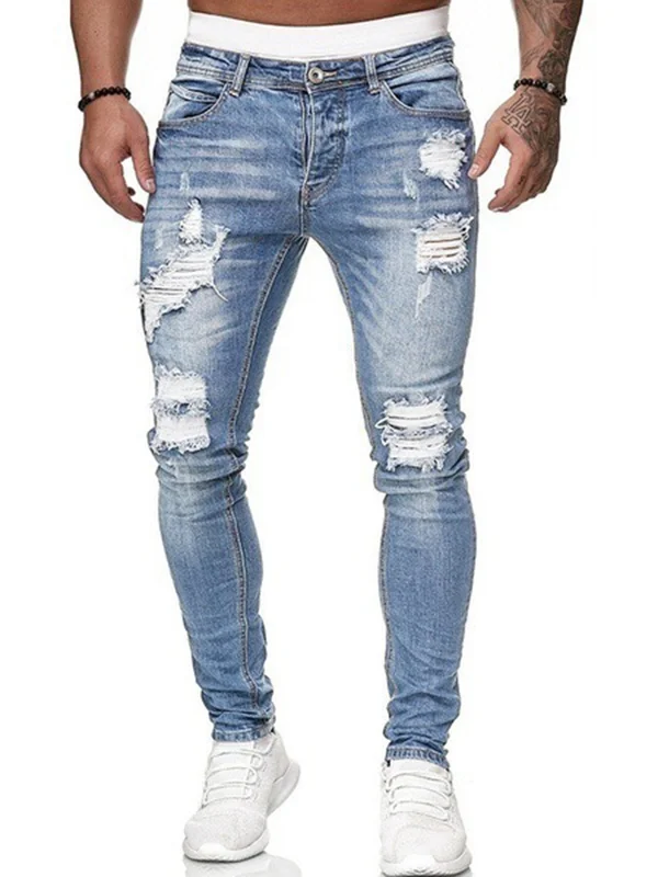 Men's Plain Pocket Casual Ripped Slim Fit Jeans