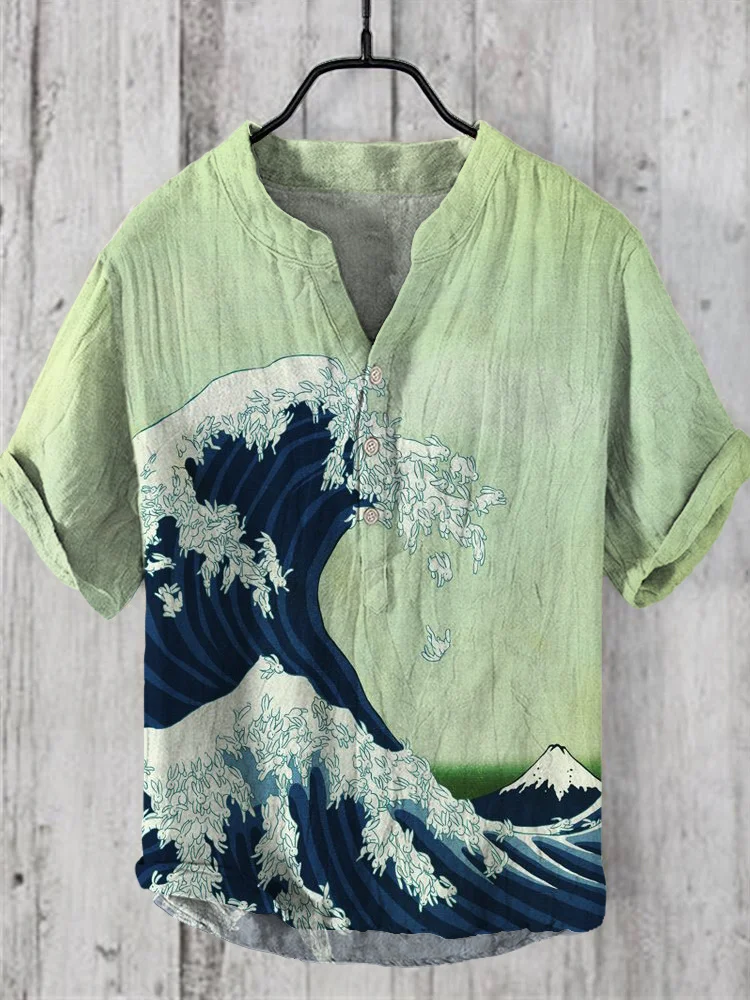 Comstylish Ocean Rabbit & Mt. Fuji Print Linen V-Neck Shirt