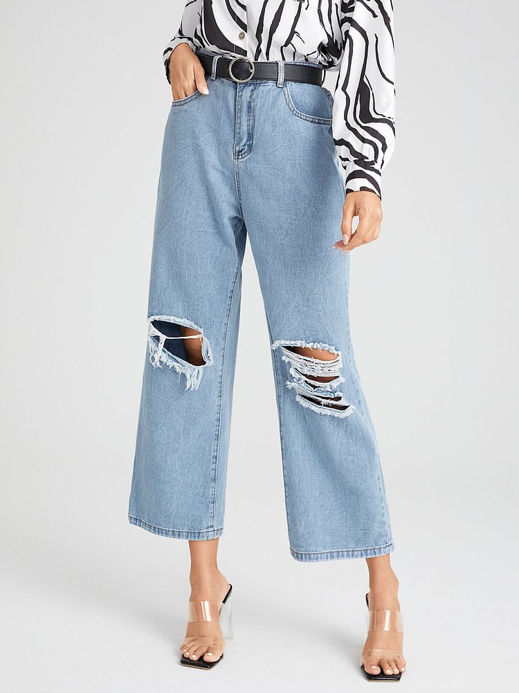 Ripped Design Washed Zipper Fly Jeans With Pocket