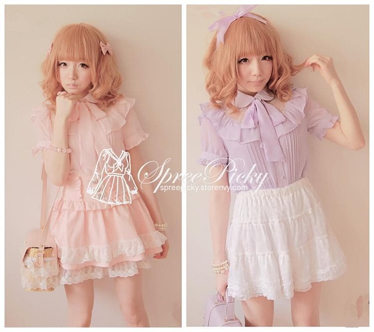 Sweet Lady Chiffon and Lace joint Bow Short Sleeve Blouse SP130276