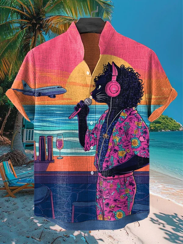 Men's Airplane Black Cat Singer Sunset Scenery Print Short Sleeve Shirt