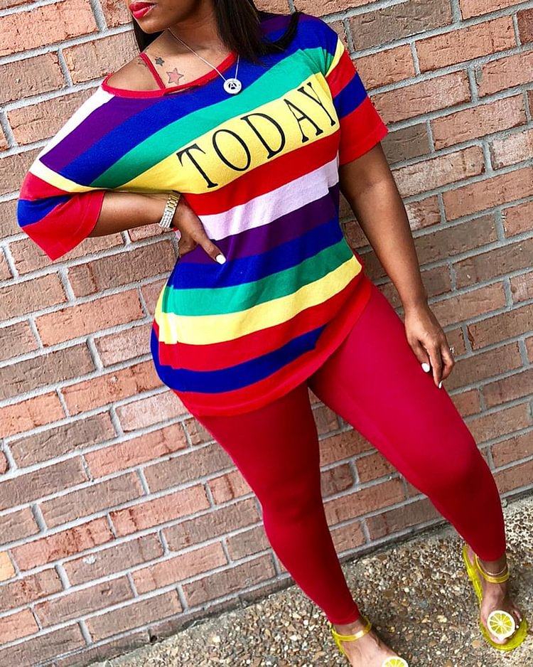 Letter Print & Rainbow Striped Short Sleeve Top & Pants Set - Shop Trendy Women's Clothing | LoverChic