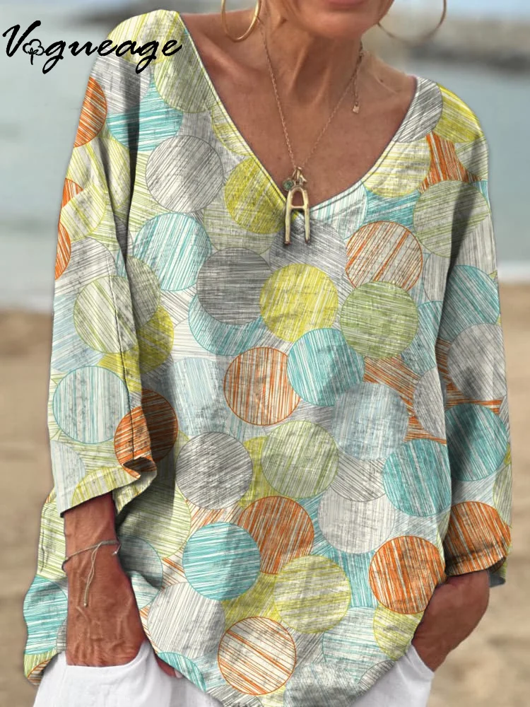 Simple Casual Colorful Line Art Circle 3/4 Sleeves Printed Cotton And Linen Shirt