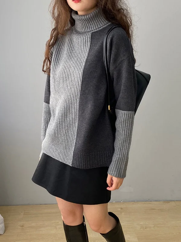 Original Roomy 3 Colors High-Neck Long Sleeves Sweater Top