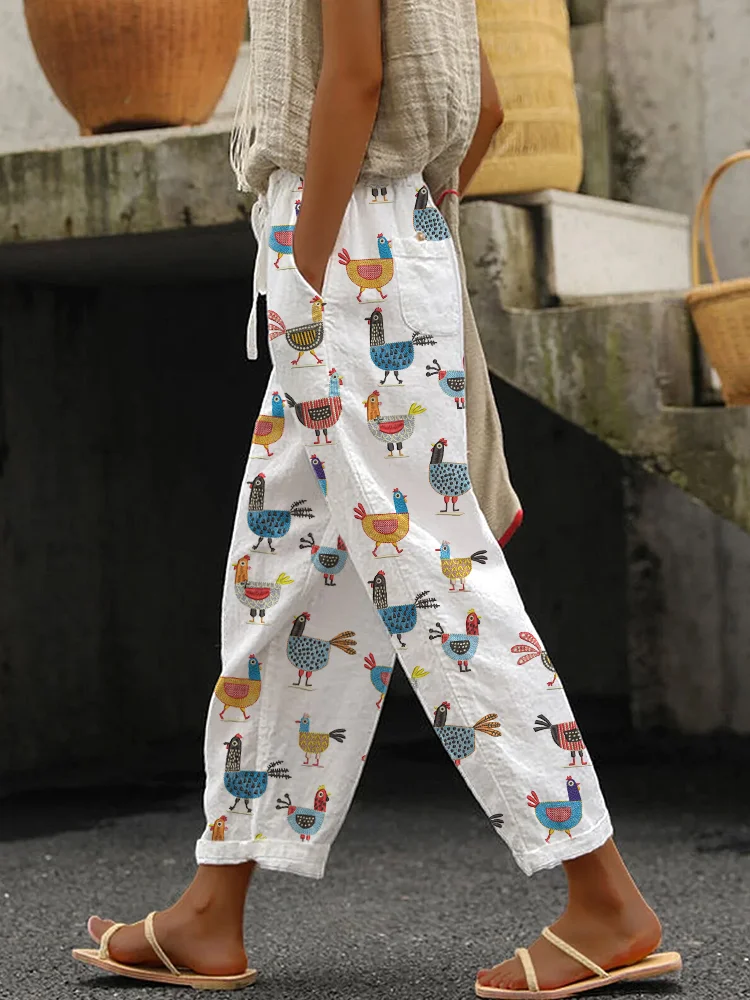 Comstylish Funny Farm Chicken Print Linen Blend Casual Pants