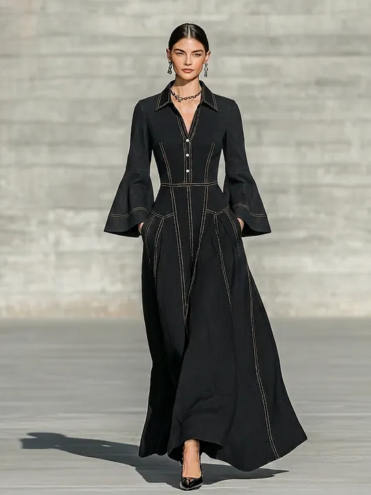 Women's Pocket Design Contrast Stitch Retro Lapel Long Sleeve Dress MD