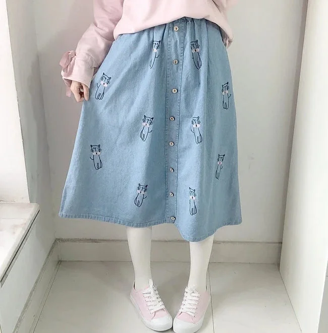 Cat Embroidery Denim Skirt