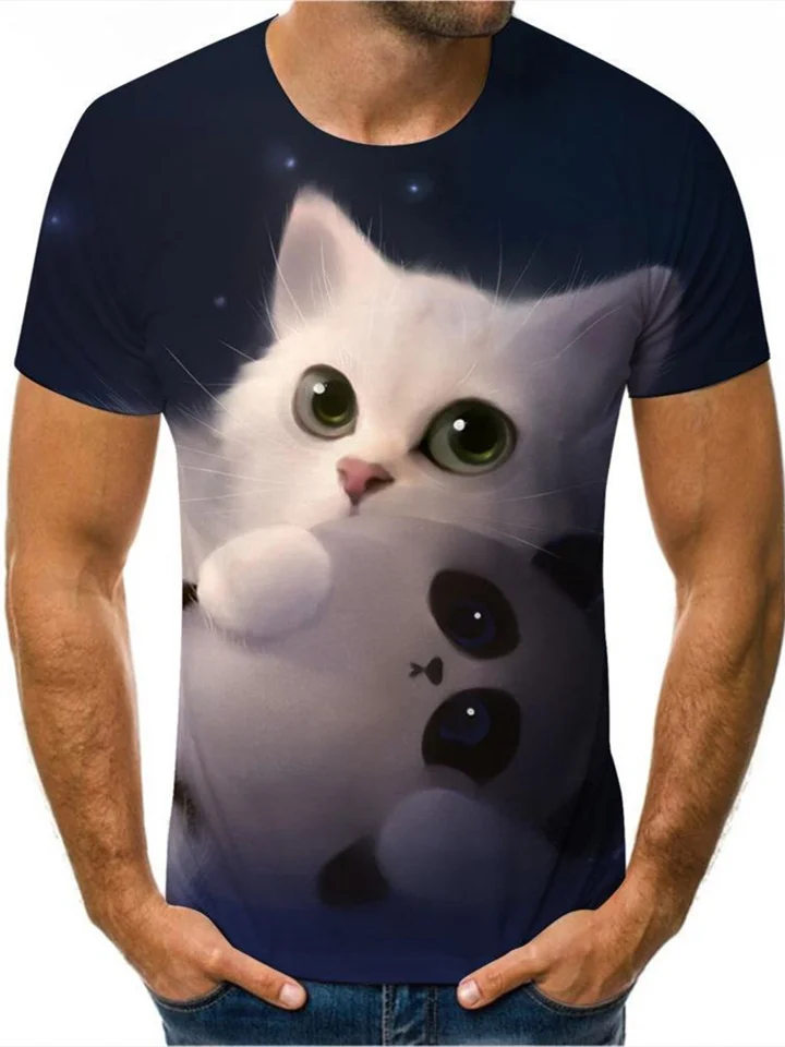 Cute Cat Print T-shirt S Gray Khaki Black Brown S-5XL