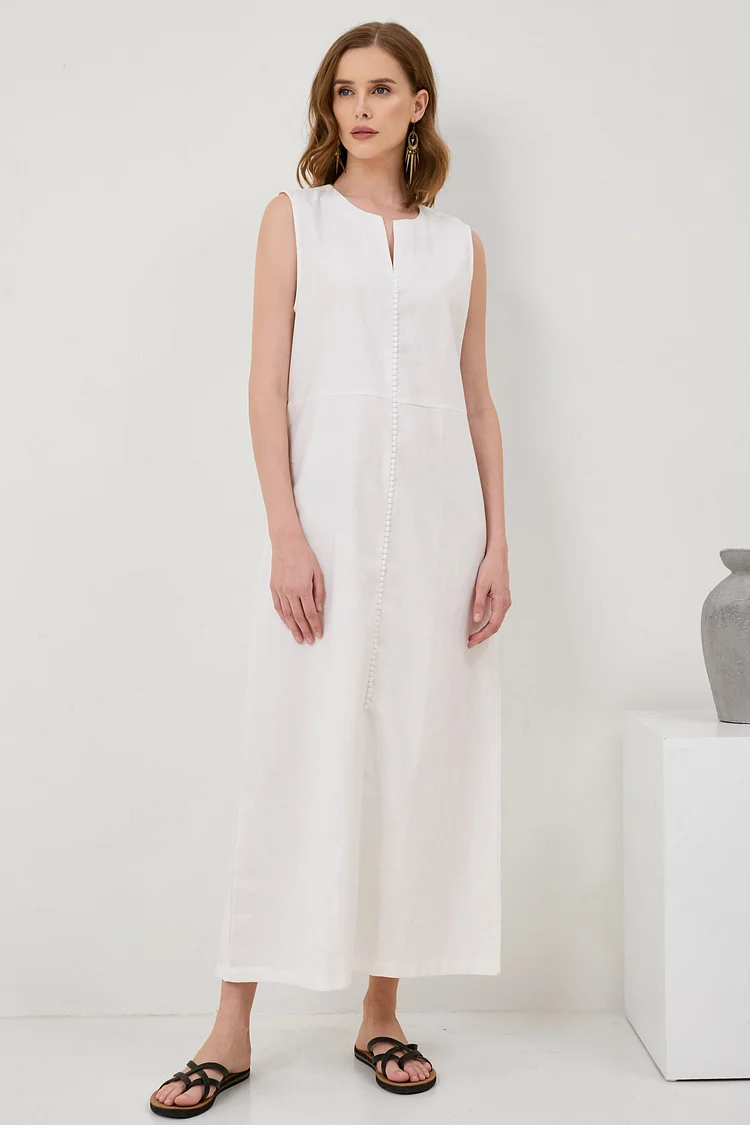 V-Neck Waisted Cotton And Linen Hem Slit Sleeveless Dress[ Pre Order ]