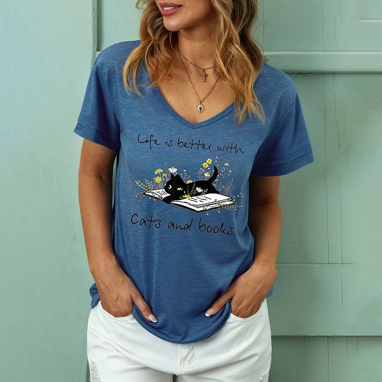 Vefave Cat Print V-Neck Short Sleeve Casual T-Shirt
