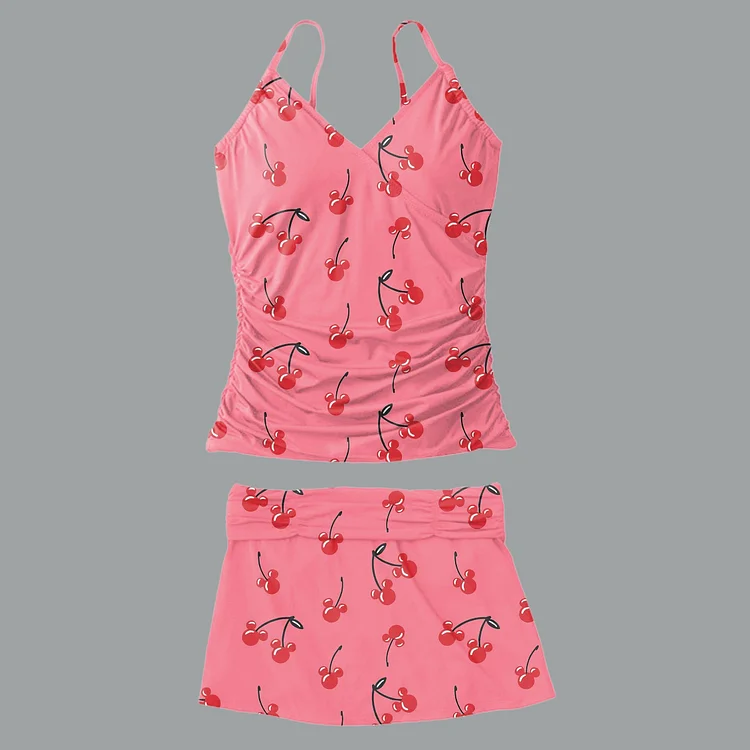 Vacation Cherry Pattern Cami Tops & Swimwear Dress 2Pcs Set [Pre-Order]