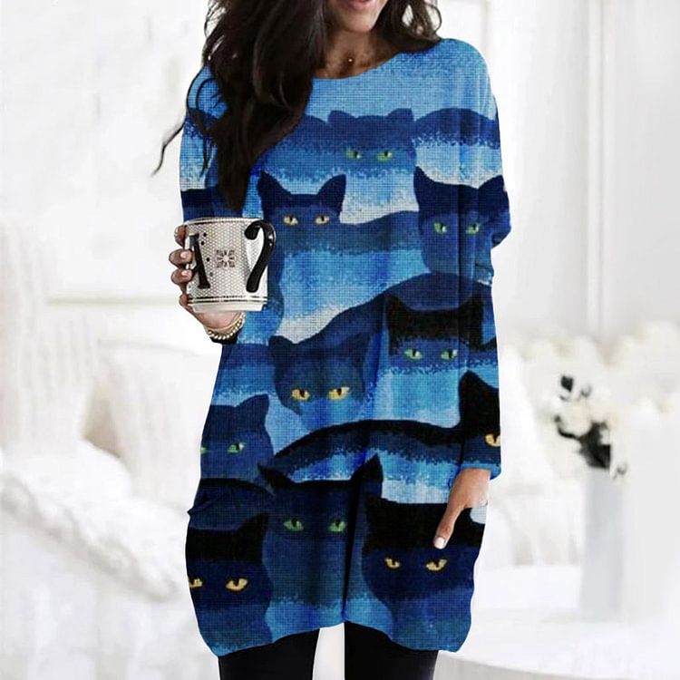 Vefave Cat Print Long Sleeve Pocket Casual Tunic