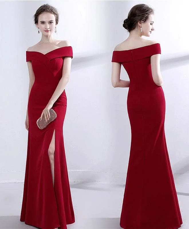 Burgundy V Neck Mermaid Long Prom Dress, Formal Dress