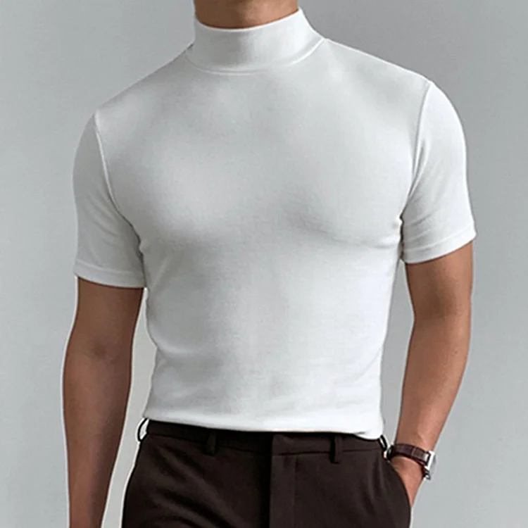 Men's High Neck Solid Short Sleeve Slim Fit T-shirt