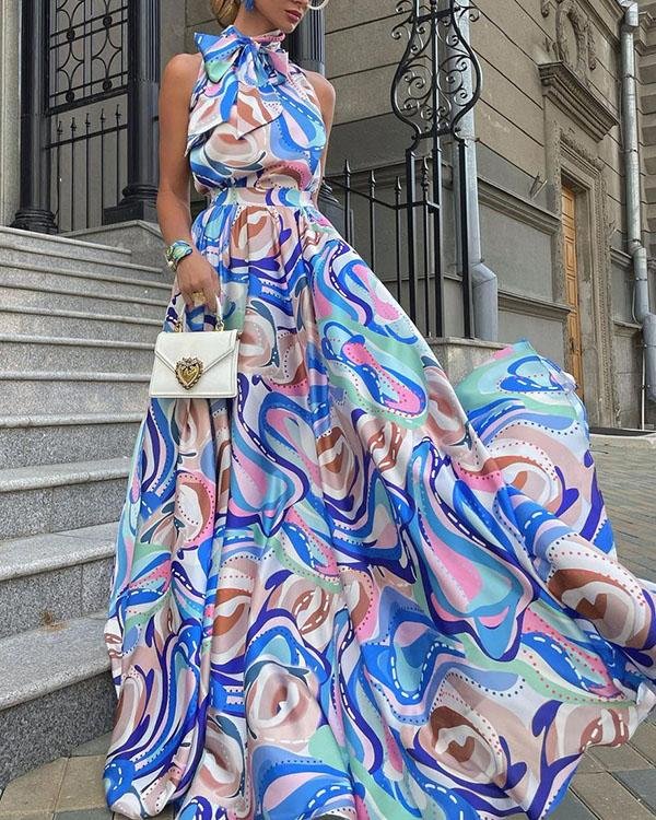 Bow Knot Tie Halter Neck Party Dress Formal Maxi Dress Classy Swing Dress - Chicaggo