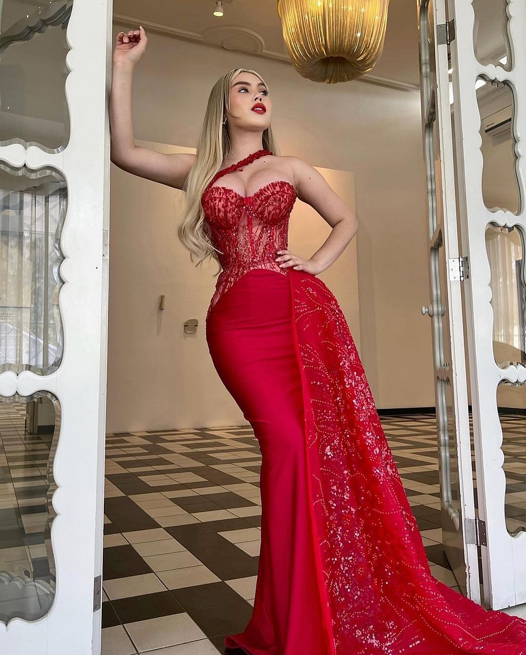 Miabel Stunning Red Sweetheart Sleeveless Mermaid Prom Dress with Ruffles