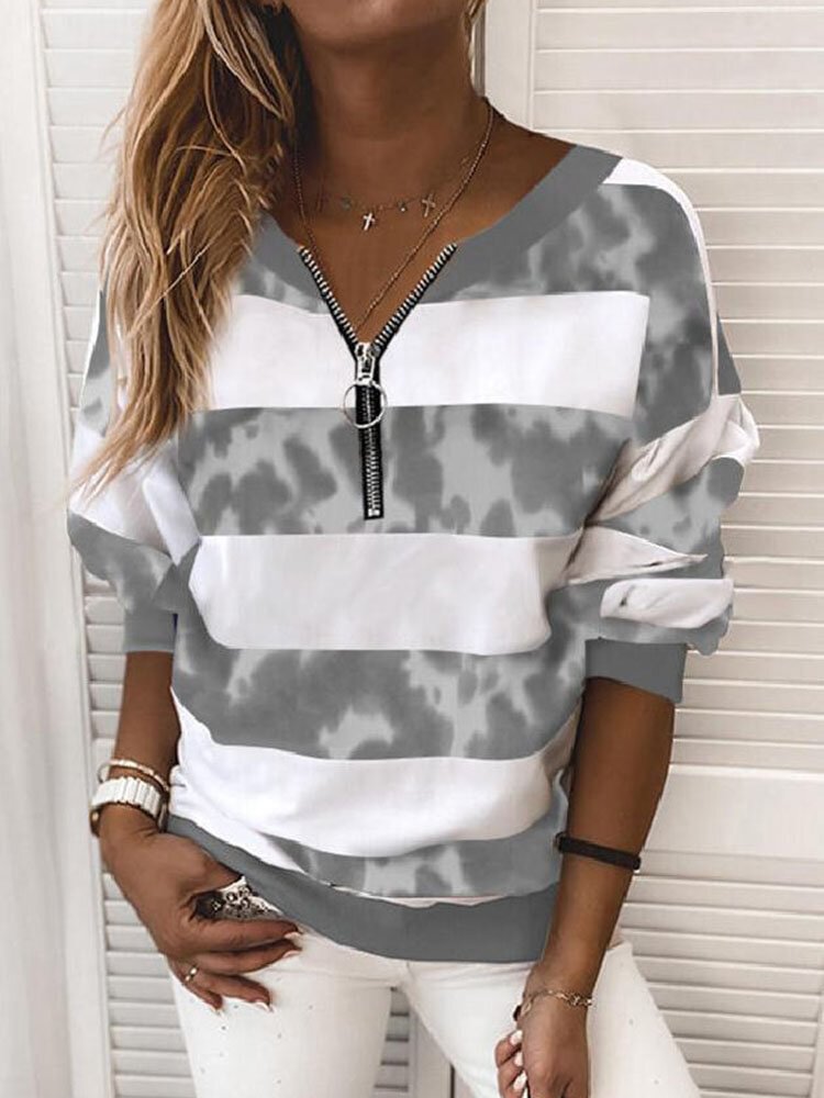 Tie Dye Long Sleeve V-neck Zip Front Sweatshirt for Women