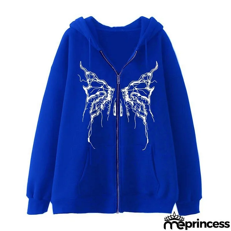 Men And Women Casual Personalized Butterfly Printed Zipper Fleece-Lined Hoodie