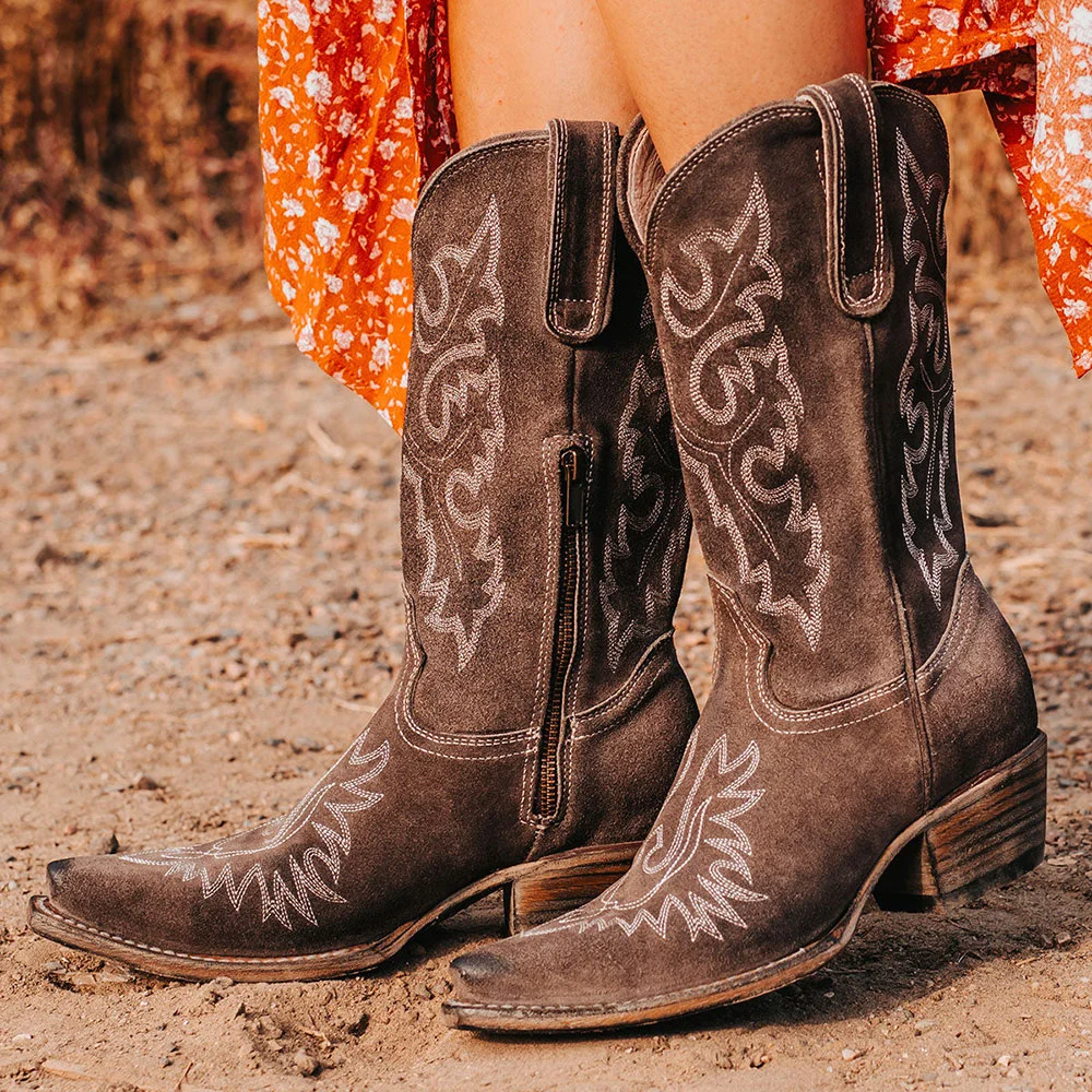 Brown Faux Suede Snip Toe Embroidered Side-Zipped Mid-Calf Cowgirl Boots With Chunky Heels Nicepairs
