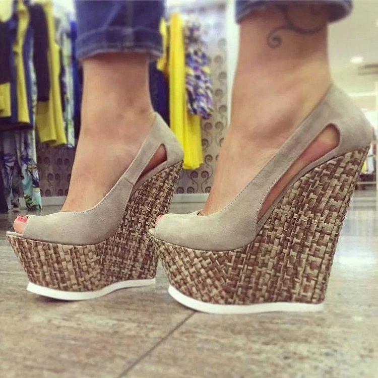 Taupe Suede Wedge Heels Peep Toe Cut out Platform Pumps |FSJ Shoes