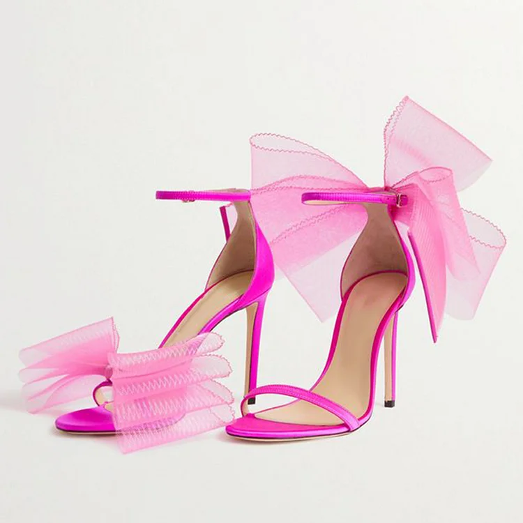 Pink Satin Open Toe Bow Heels Elegant Ankle Strap Bridal Shoes |FSJ Shoes