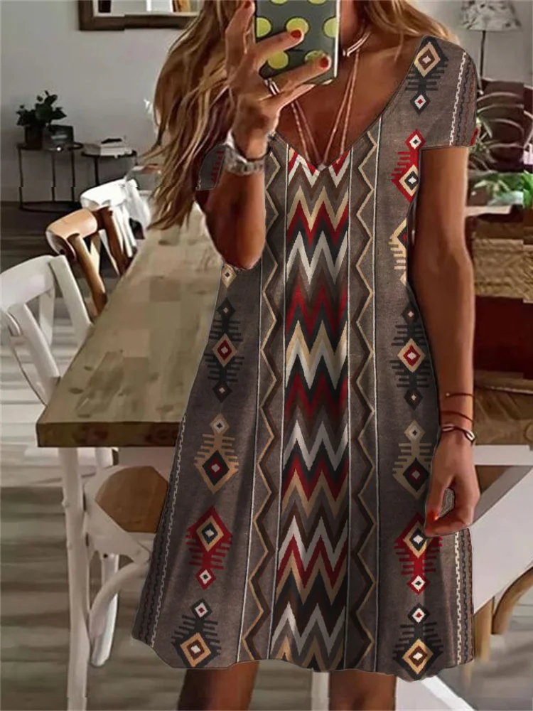 Vefave Western Ethnic Aztec V Neck Midi Dress