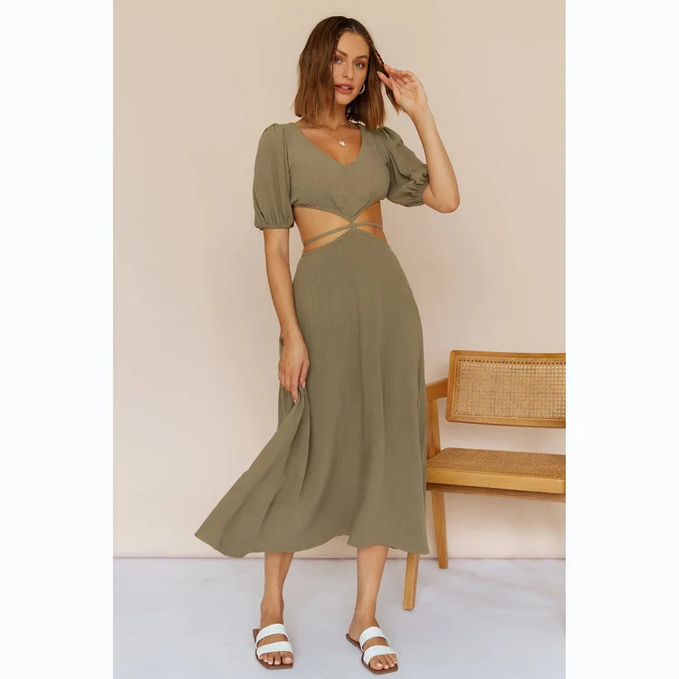 Puff Sleeve Cutout Solid Color Dress