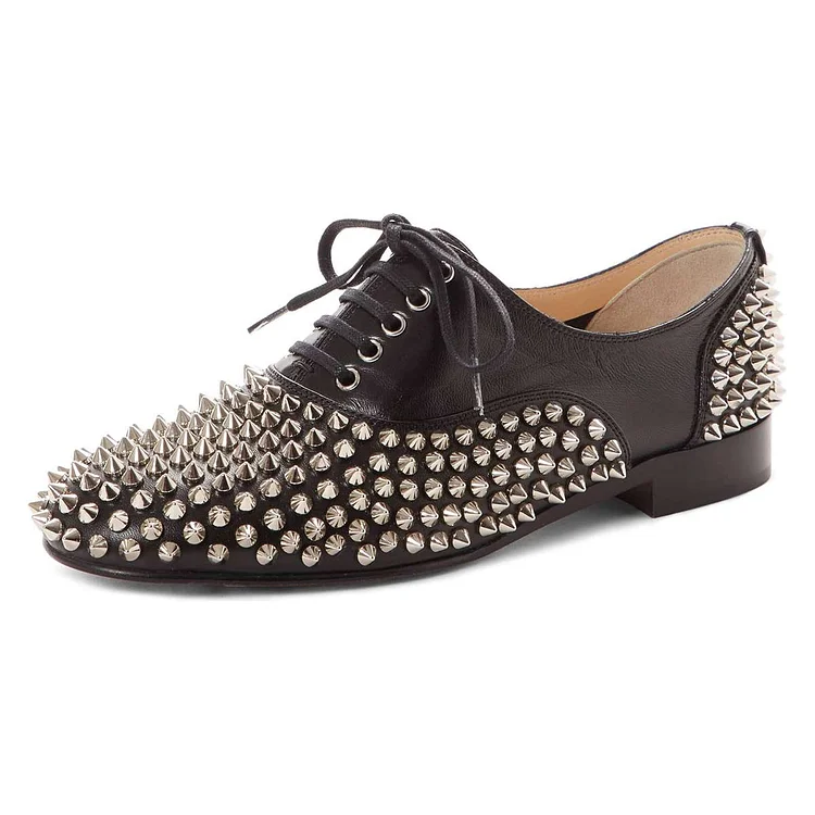 Black Studs Shoes Lace Up Oxfords |FSJ Shoes