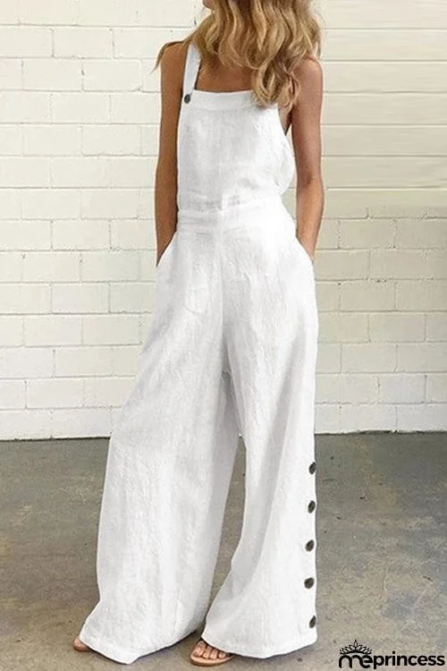 Sleeveless Side Pocket Relaxed Wide Leg Side Button Jumpsuit
