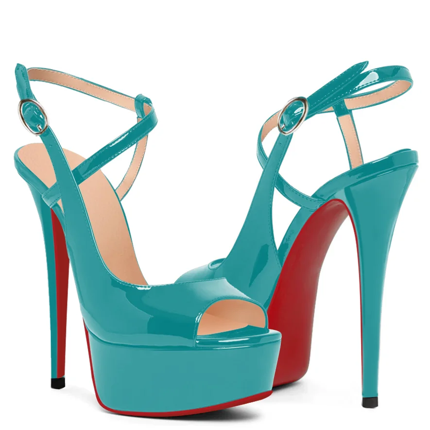150mm Women Slingback Pumps Patent Ankle Strap Stiletto Peep Toe Dress Red Bottoms Shoes-vocosishoes
