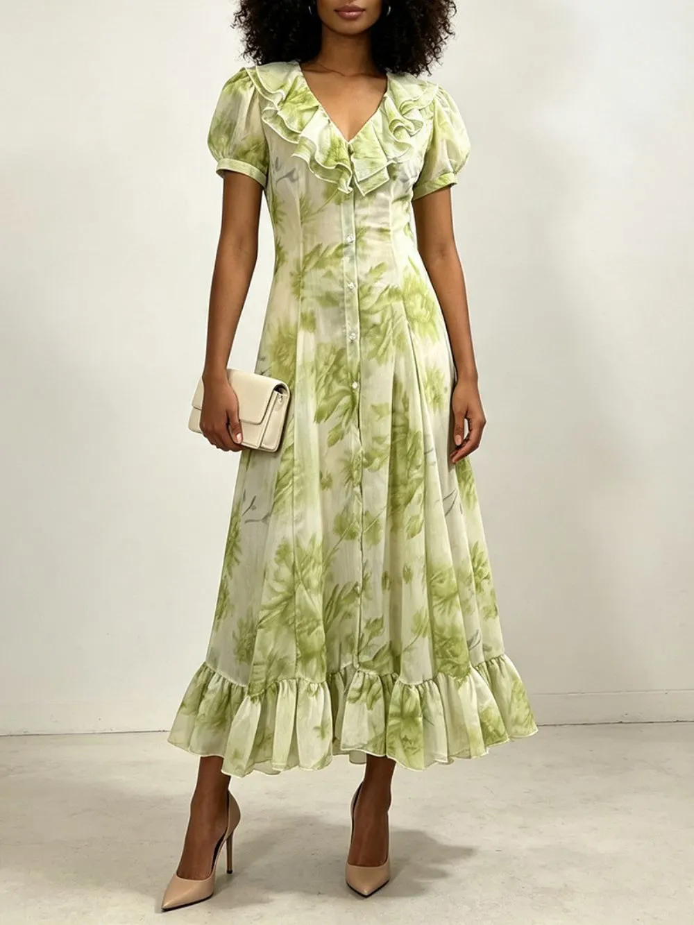 Fashionslee Women Maxima Green V-Neck Midi Dress