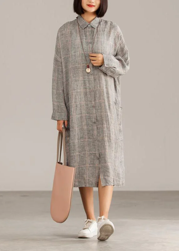 Handmade linen dresses 18th Century Dark Gray Linen Plaid Casual Autumn Shirtdress