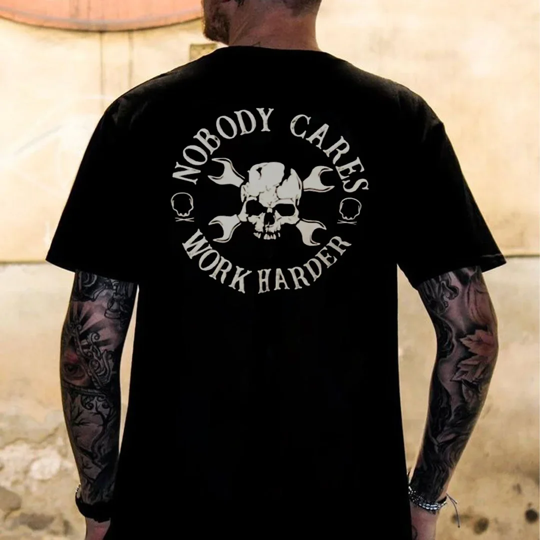 NOBODY CARES, WORK HARDER Skulls with Handles Black Print T-shirt