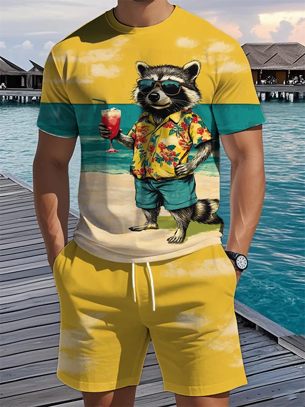 Men's Vacation Seaside Raccoon Cocktail Print T-Shirt Shorts Set