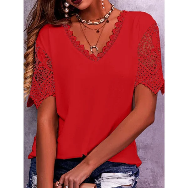Women's Lace Patchwork Loose V-neck T-shirt