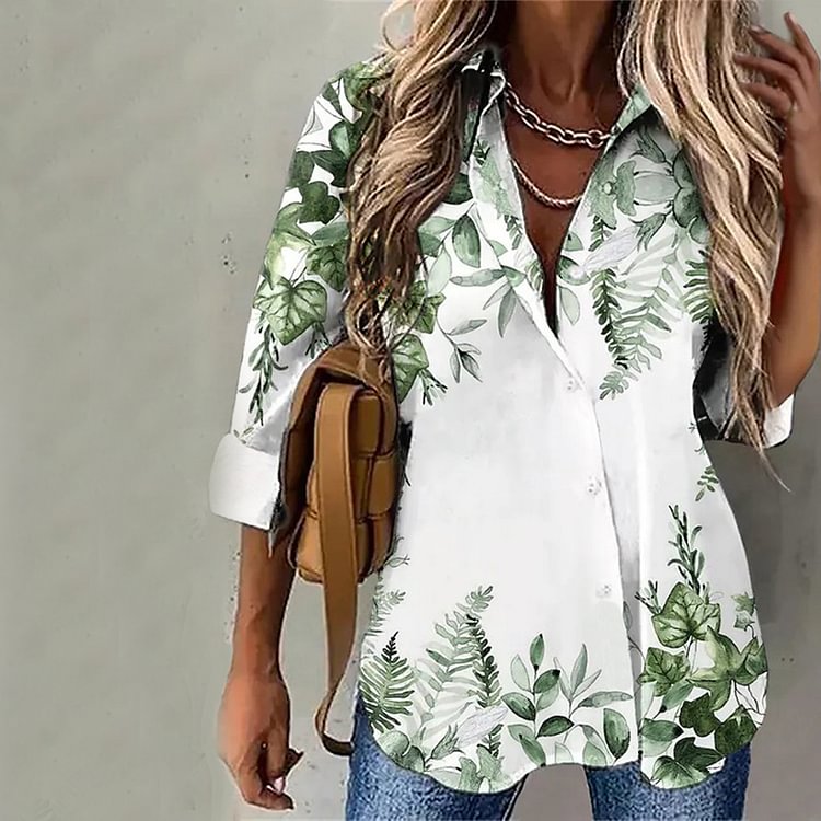 Comstylish Botanical Print Lapel Long Sleeve Shirt