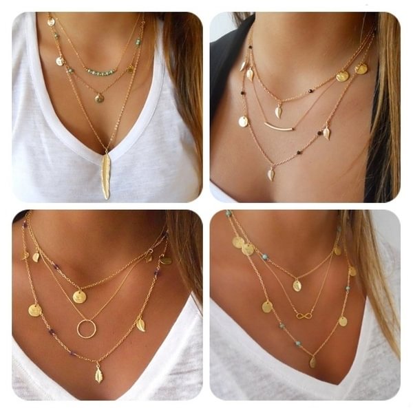 New Gold&Silver Color Chain beads Leaves Choker Necklace Multi-layer Jewelry for women MengPa