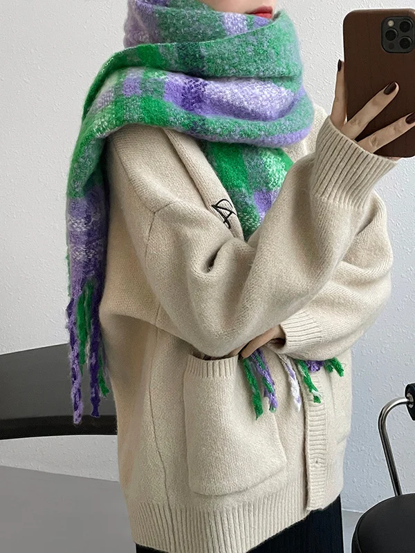 Original Creation Keep Warm Contrast Color Plaid Tasseled Shawl&Scarf
