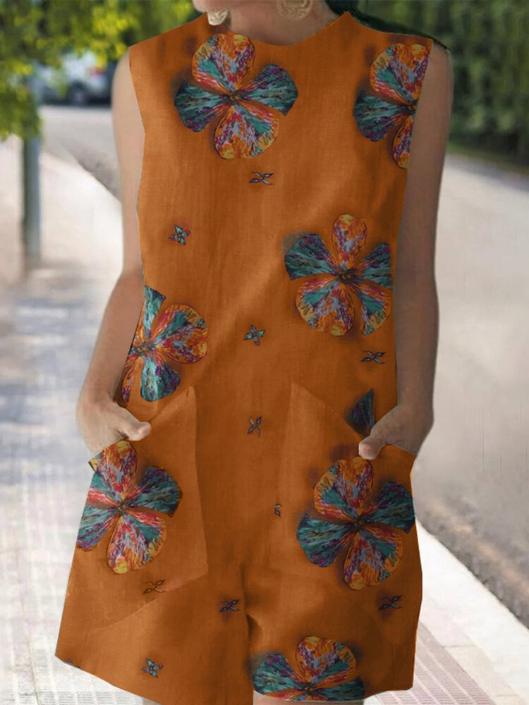 Flower Print Sleeveless Pocket Crew Neck Women Romper