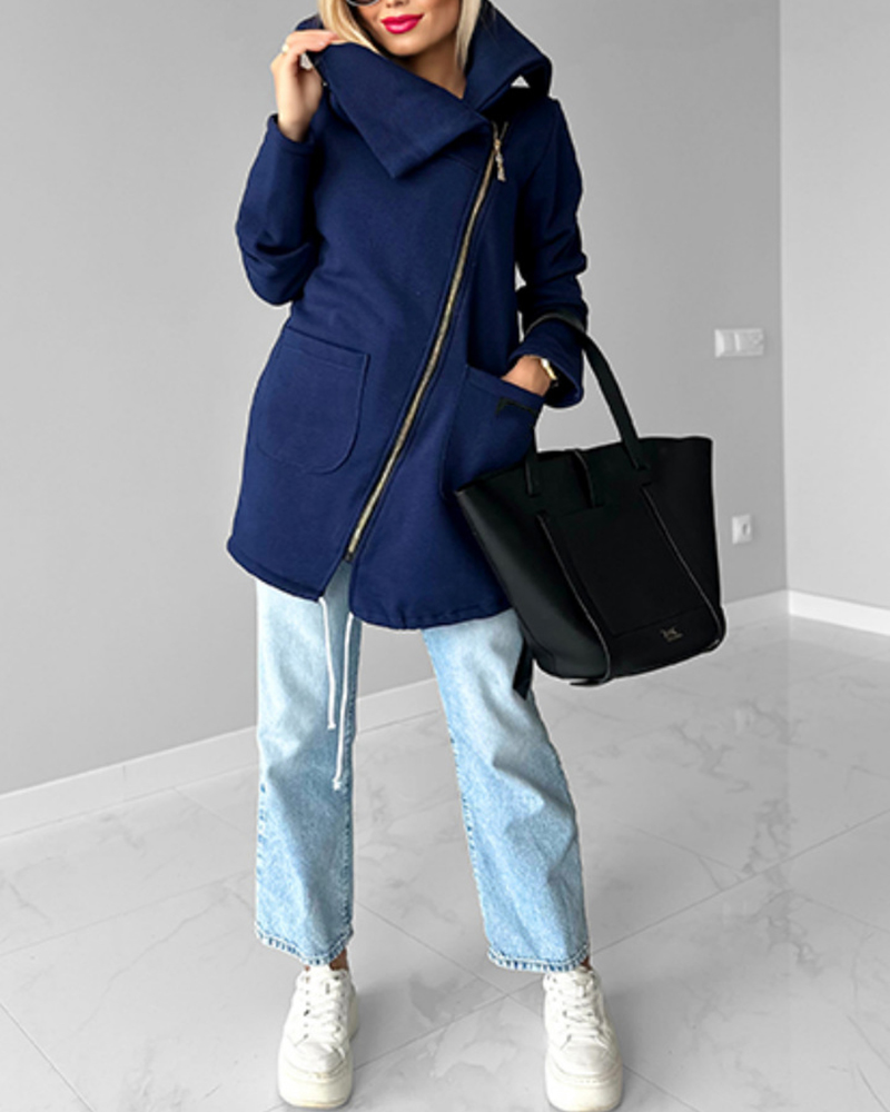 Asymmetric Zipper Front Pockets Long Sleeve Solid Color Coat